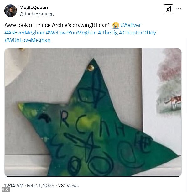 The former royal pinned an emerald green tie-dyed paper star to her board which had 'Archie' written on it in bold black ink along with some swirls and doodles