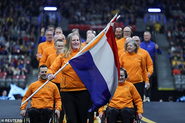 Dutch athletes take part in the parade during the opening ceremony of the Invictus Games