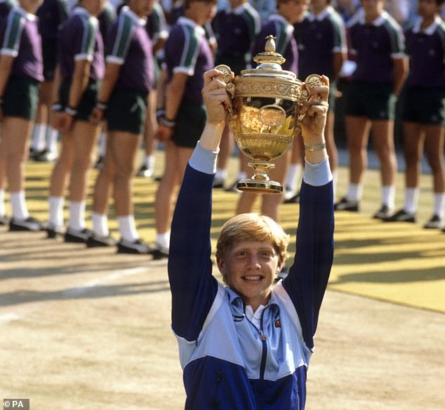 Becker shot to fame as a 17-year-old when he won Wimbledon. Above: Becker holds aloft the Wimbledon trophy, July 1985