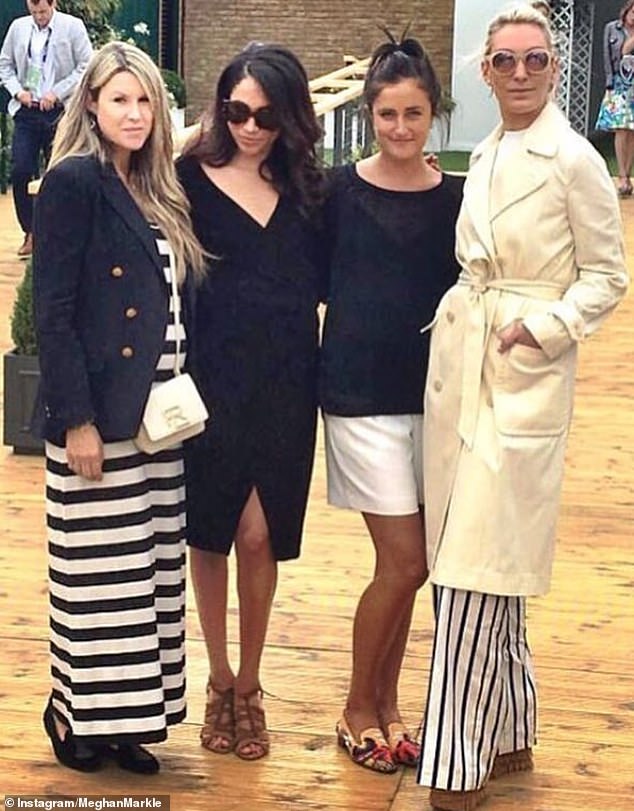 Meghan with Violet von Westenholz, together with Sadie Mantovani and Olivia Buckingham, at Wimbledon in June 2016, just before she was set up with Prince Harry