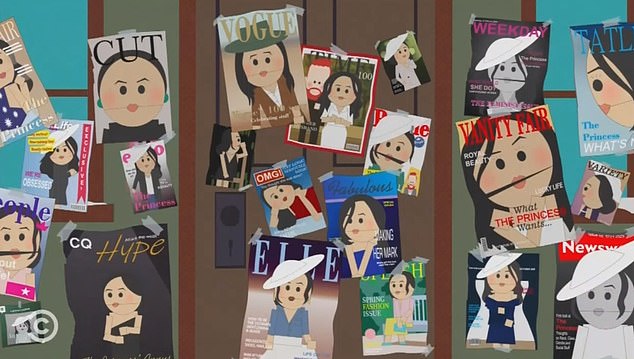 After clashing with the couple, Kyle arrives home to find his house plastered with magazine covers featuring the Princess of Canada. One is very similar to an edition of The Cut magazine which featured the Duchess of Sussex