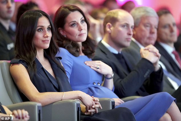 Meghan Markle, Kate, Duchess of Cambridge and Prince William at the first annual Royal Foundation Forum in London on February 28, 2018