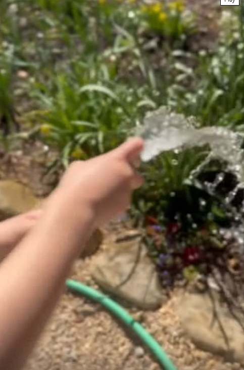 One of the Sussexes' children is filmed watering the garden with a hose