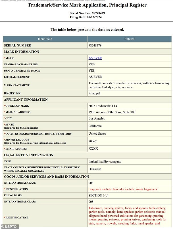 Meghan has also claimed to have 'secured' the name 'As Ever' in 2022 but public records paint a different story, showing  she only applied for the trademark 'As Ever' in September last year