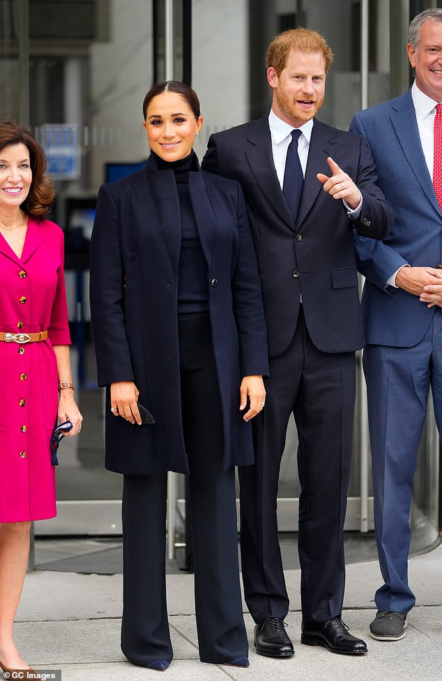 In 2021, Meghan selected a sleek Emporio Armani wool coat for her and Harry's visit to One World Trade Center in New York