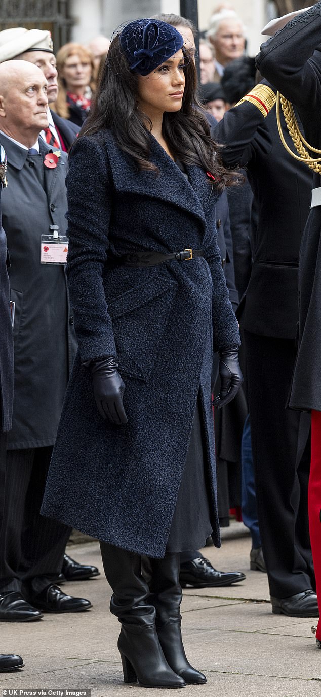 In November 2019, Meghan debuted a midnight blue Sentaler wrap coat at the 91st Field of Remembrance