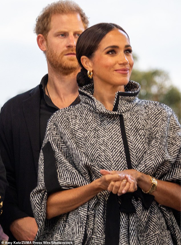 Meghan recycled her Carolina Herrera oversized tweed cape for the Fall One805LIVE! Festival in Santa Barbara in September 2023. She previously wore it in January that year