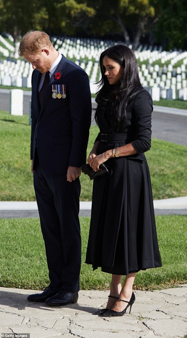 Meghan wore a custom version of Brandon Maxwell's jacket dress while visiting Los Angeles National Cemetery on Remembrance Sunday in 2020