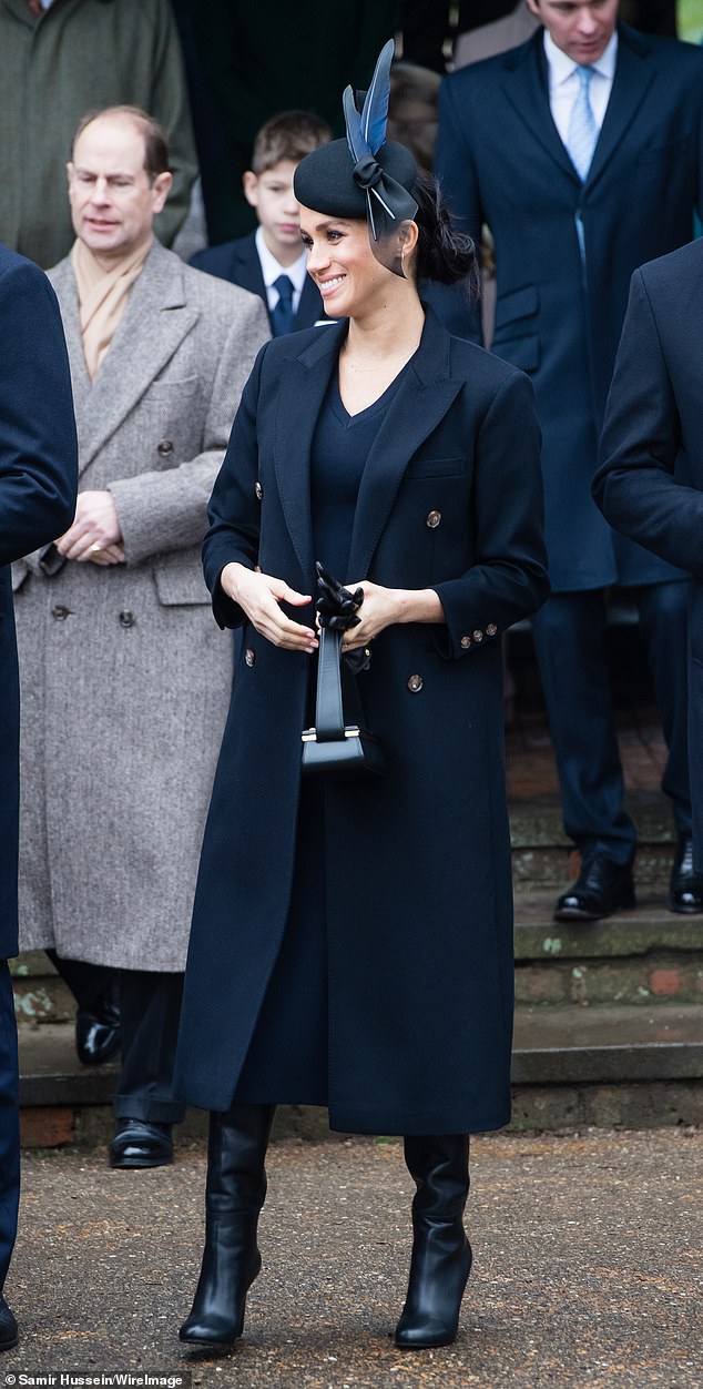 Meghan opted for a smart double-breasted coat by Victoria Beckham for the Christmas 2018 church service at Sandringham