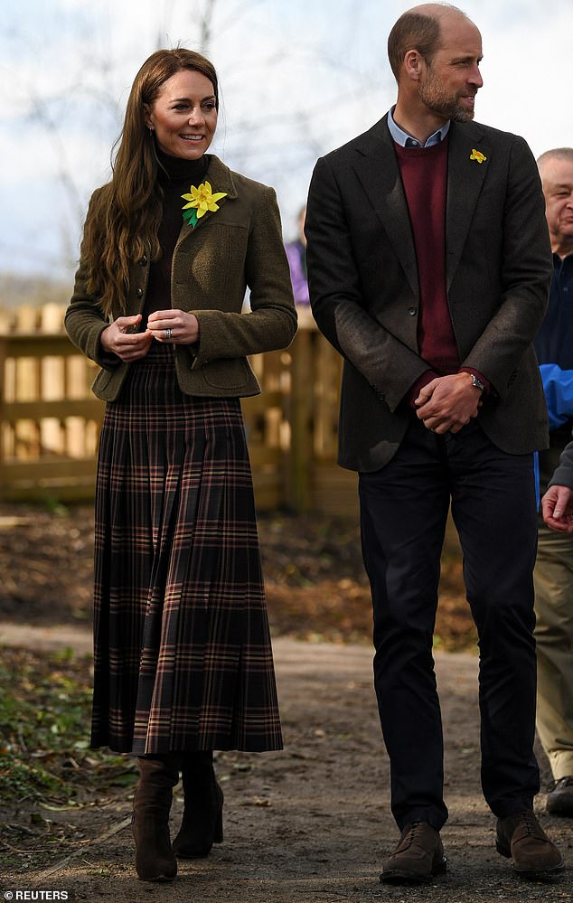 Kate - wearing a a chic turtleneck and Gucci skirt - and William arrived at the Meadow Street Community Garden and Woodland in Pontypridd as part of their first joint away-day in Wales in over a year