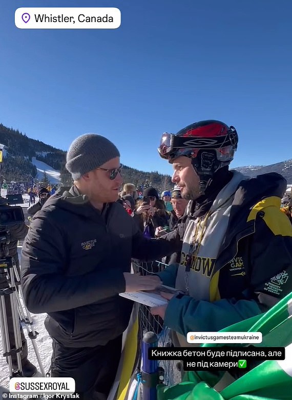 Prince Harry appeared sheepish yesterday, as he told an 'old colleague' at the Invictus Games that he couldn't sign his copy of Spare in front of the cameras