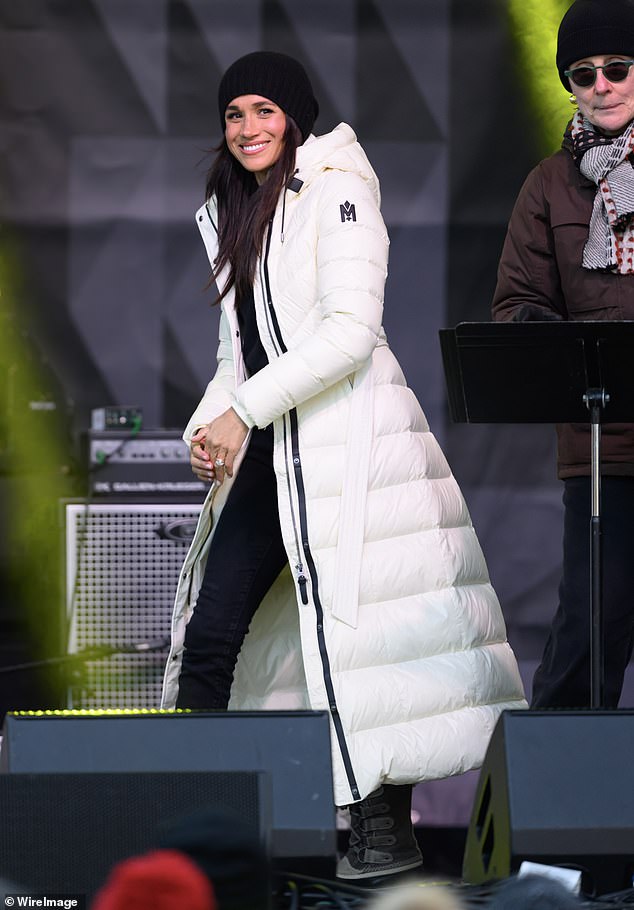 Meghan looked stylishly snug in Mackage's 'Calina' coat at the Whistler Welcome Celebration during the 2025 Invictus Games in Canada