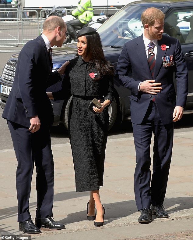 Both Meghan Markle and Prince Harry have insisted that Prince William and his wife, the Princess of Wales , found the Duchess of Sussex 's love of hugging 'jarring'. Pictured, Prince William, Prince Harry and Meghan Markle in April 2018 in London