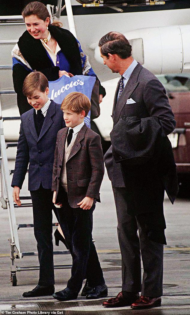 The then-Prince Charles arriving at Zurich Airport with Prince William, Prince Harry and their them- nanny Tiggy Legge-Bourke for a ski-ing holiday