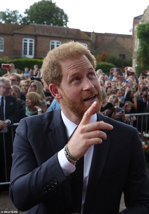 An animated Prince Harry greeted people and interacted with the public as he walked outside Windsor Castle