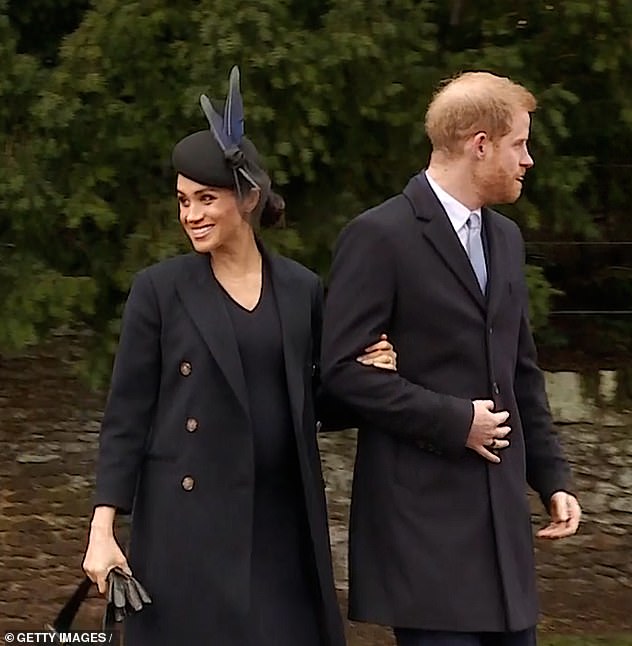 Meghan holds Harry's arm as the pair leave after the Sandringham service in 2018