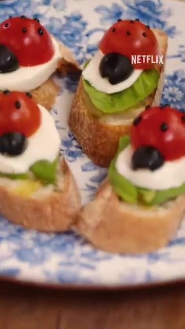 A close up of Meghan's ladybird tricolore bruschetta, which she makes on her new show