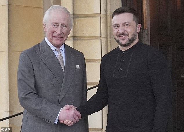 King Charles and Ukrainian President Volodymyr Zelenskyy shake hands during their meeting at the Sandringham Estate in Norfolk