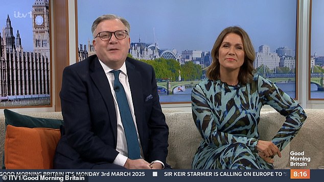 Susanna Reid and Ed Balls are seen on Good Morning Britain on Monday as Piers returned to the show