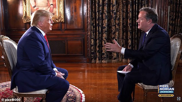 Pictured: Piers Morgan is seen during his explosive interview with Donald Trump