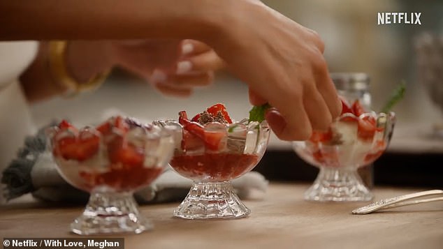 The Duchess of Sussex is seen using edible plants while adding the finishing touches to one of her puddings