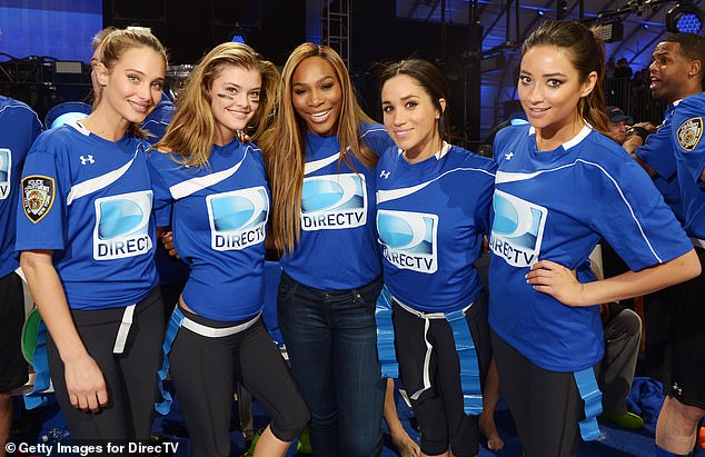 Pictured left to right at the DirecTV Beach Bowl at Pier 40 in February 2014 in New York City are Hannah Davis, Nina Agdal, Serena Williams, Meghan Markle and Shay Mitchell