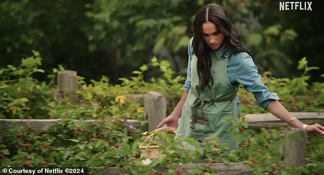 Meghan picking vegetables from her garden with a similar wicker basket