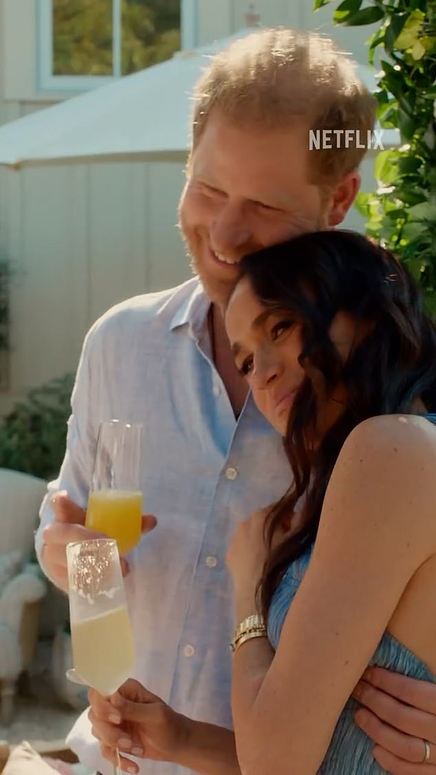 Meghan is pictured with husband Prince Harry, who makes a brief appearance in the final episode of her new Netflix show