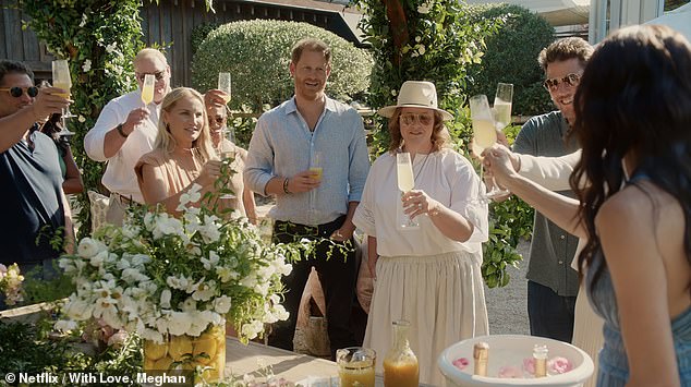 To finish off her series, the former working royal hosted a brunch outside with her close friends and family members - including Prince Harry and her mother Doria Ragland - in which she shared several dishes and supplied champagne for a toast