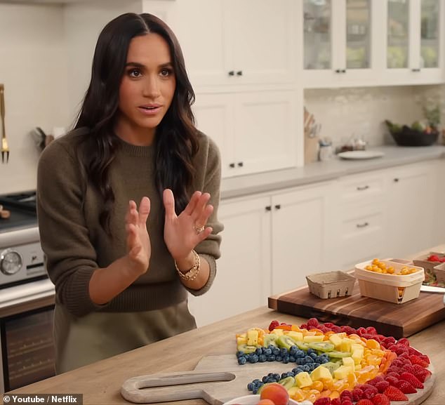 EPISODE 2: Meghan Markle (pictured) offers a range of tips to working parents including making a rainbow-themed fruit salad with a sprinkle of flower petals