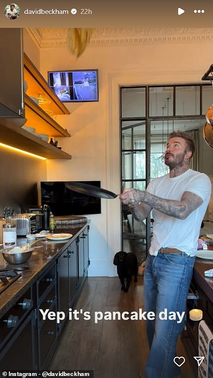 Yesterday, football star David Beckham posted a sweet video on his Instagram celebrating Shrove Tuesday by whipping up a batch of pancakes for his family (pictured)