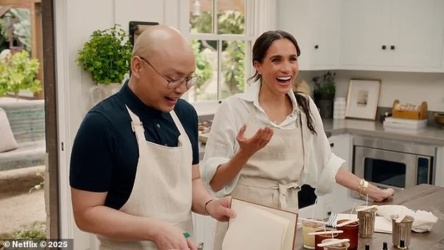 In one scene in which she whips up a feast in the kitchen, the 43-year-old was dressed head to toe in an Aussie designer. Meghan was wearing items from Australian fashion label Zimmerman, a favourite with A-listers