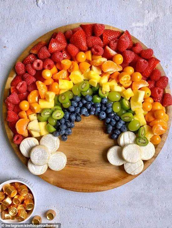 Pictured is what appears to be an identical copy of a rainbow fruit platter shared by food blogger, Meg Quinn, in March 2024, which uses the same fruits and design as Meghan's