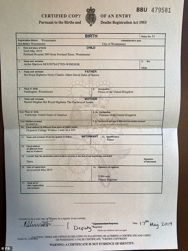 The Duke and Duchess of Sussex were referred to as 'Henry' and 'Rachel' on his Archie's certificate