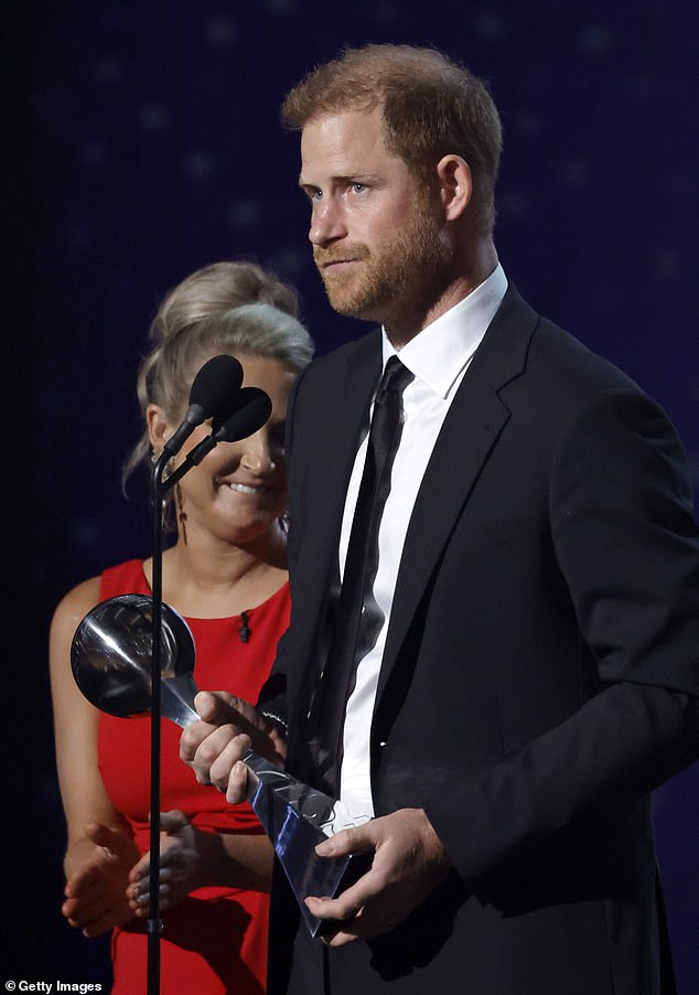 Prince Harry accepts the Pat Tillman award for his work with the Invictus Games at the ESPY Awards in July 2024 in California