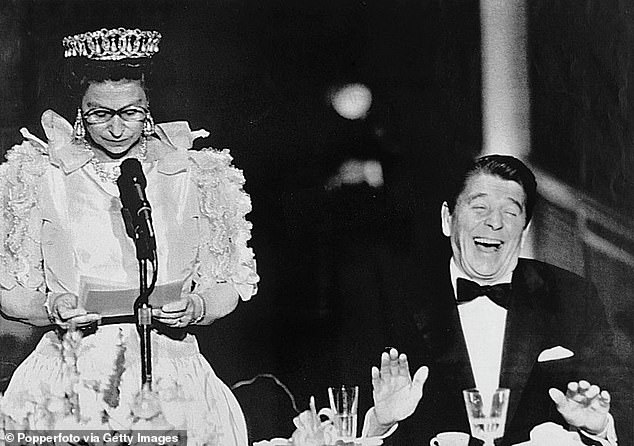 President Ronald Reagan roars with laughter at a joke delivered by a straight-faced Queen Elizabeth in San Francisco in 1983