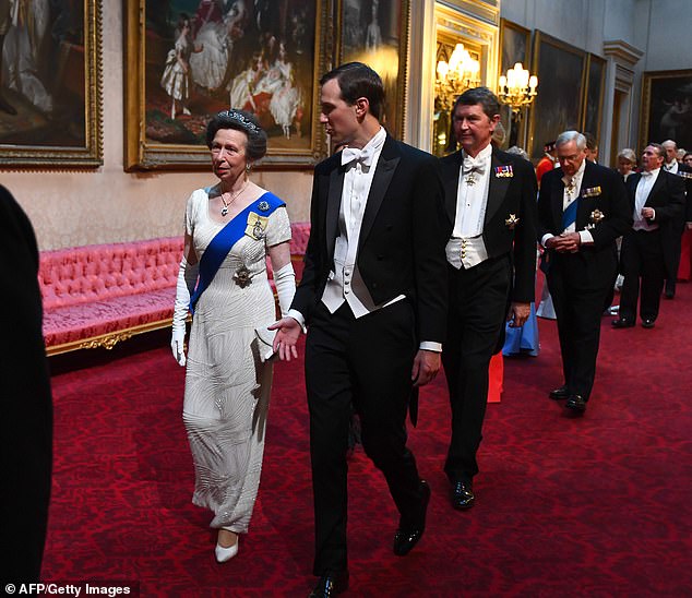 Princess Anne walks to the State banquet with Jared Kushner during Donald Trump's State visit to the UK