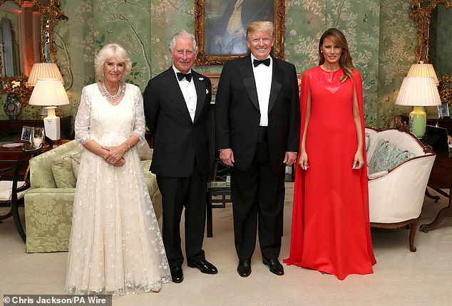 Camilla and Charles, who were the Prince of Wales and the Duchess of Cornwall at the time, stand with President Donald Trump and his wife Melanie at the residence of the US Ambassador in London