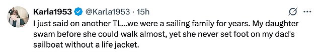 But many social media users were left unsettled over the fact that the three-year-old was not wearing a life vest in the snap