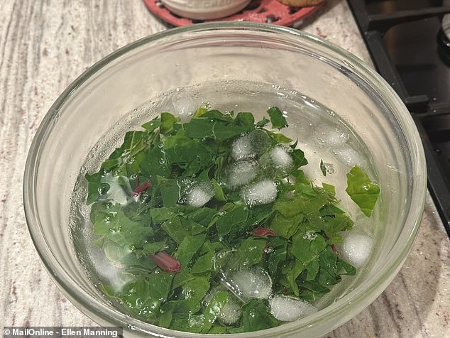 Of all the recipes, this was particularly 'wishy washy and romantic', Ellen explained she was instructed to 'create a bowl of ice cold water' to shock some of the green veg that gets blanched for it (pictured)