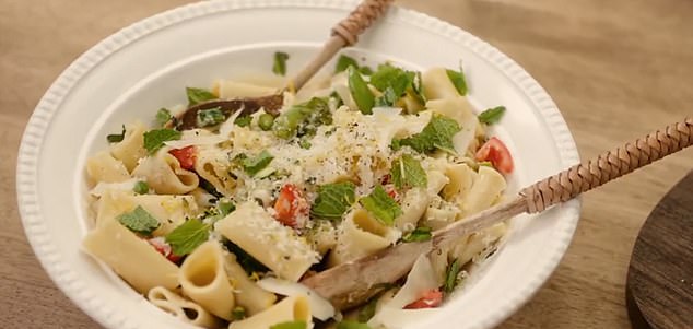 Along with the pasta is a vinaigrette, Swiss chard, kale and zucchini and tomatoes