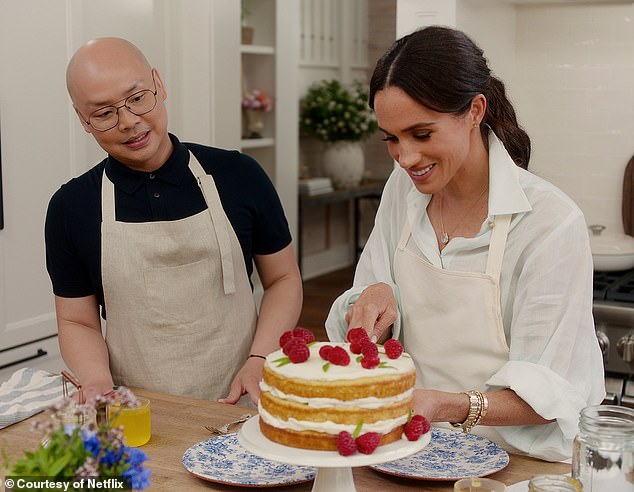 Alongside 'bestie' Daniel Martin (pictured) Meghan made a triple-tiered creation stuck together with buttercream making it an impressive showstopper and homely creation