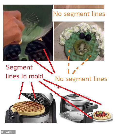 One internet sleuth pulled together a graphic showing what difference they see between the iron used by Meghan and the green pancakes plated up for the children