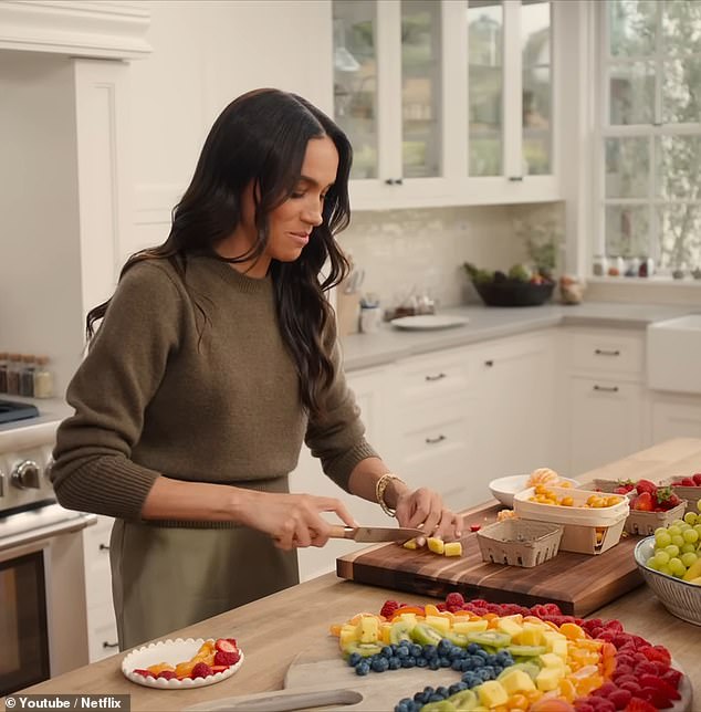 Good Morning Britain poked fun at the mixed fruit 'rainbow platter' which featured in Meghan Markle's new Netflix show on Tuesday (pictured)