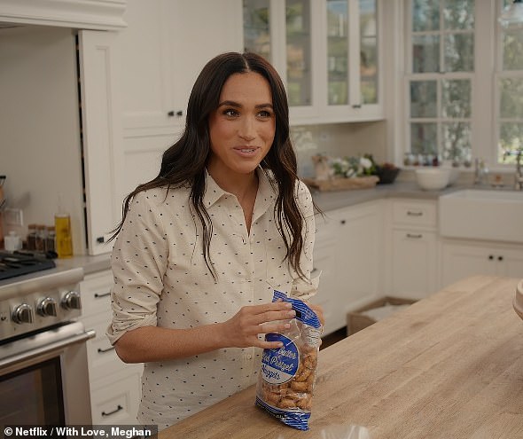 Meghan Markle's new cookery series has been mocked after viewers noticed that one of her 'late night nibble' recipes simply consisted of pouring supermarket pretzels into a new bag (pictured)