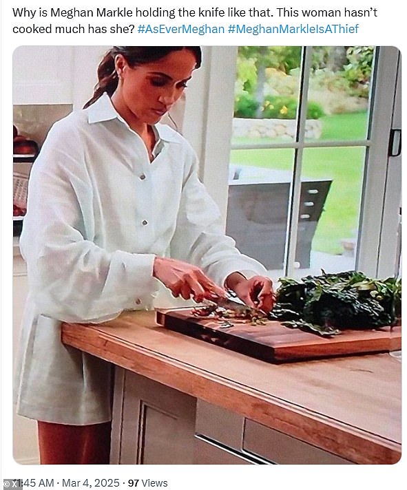 Taking to X, one shared a snap of the Duchess chopping away at some produce. 'Why is Meghan Markle holding the knife like that,' they questioned. 'This woman hasn’t cooked much has she?'