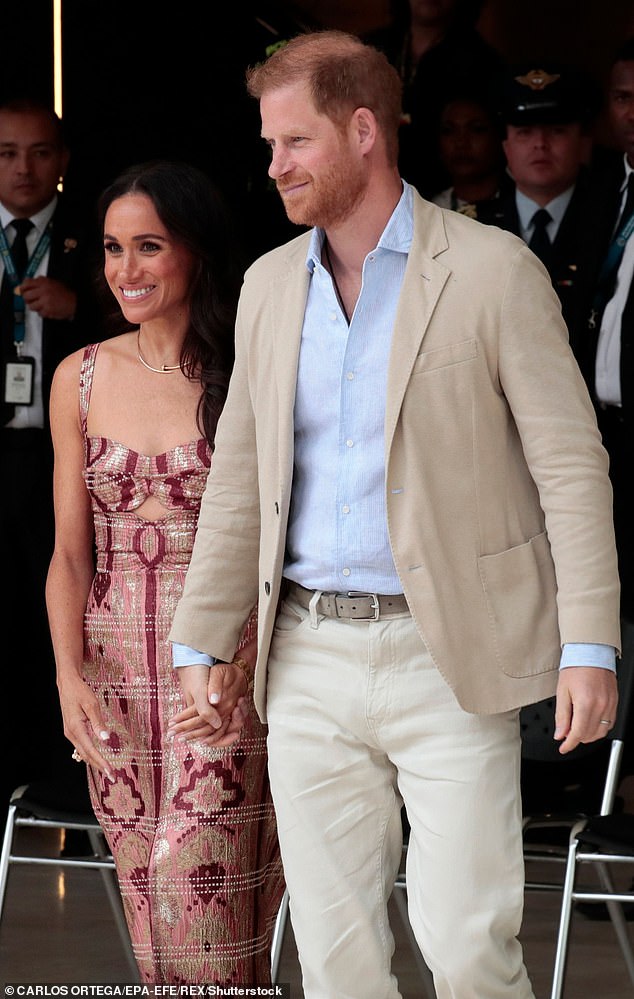 Harry has said he fears for the security of his family. Pictured: Meghan and Harry in Colombia in August 2024