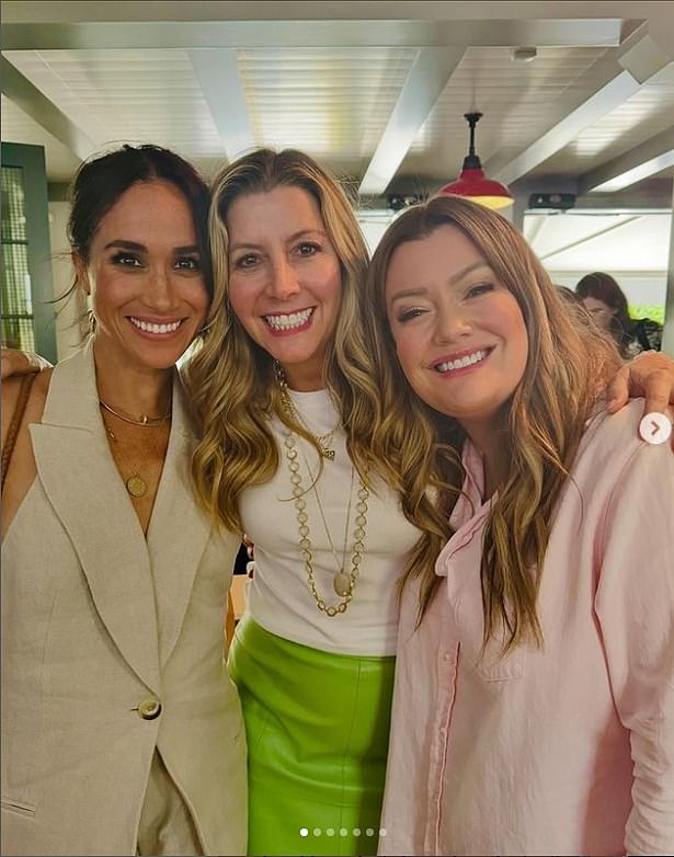 Meghan Markle (left) was interviewing Spanx founder Sara Blakely (centre) on the latest episode of her podcast released today (Pictured with Jamie Kern Lima)