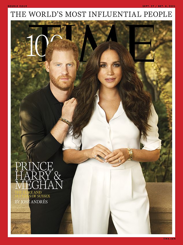 The 2021 cover showed Meghan standing front and centre dressed in all white while Harry is behind his wife leaning his arms on her shoulder wearing all black while outside their $14.65million mansion in Montecito, California
