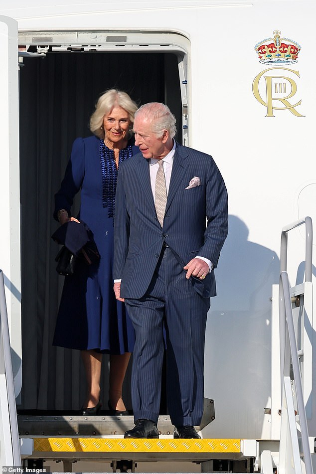 Charles and Queen  exit the airplane during a state visit to The Republic of Italy on April 7